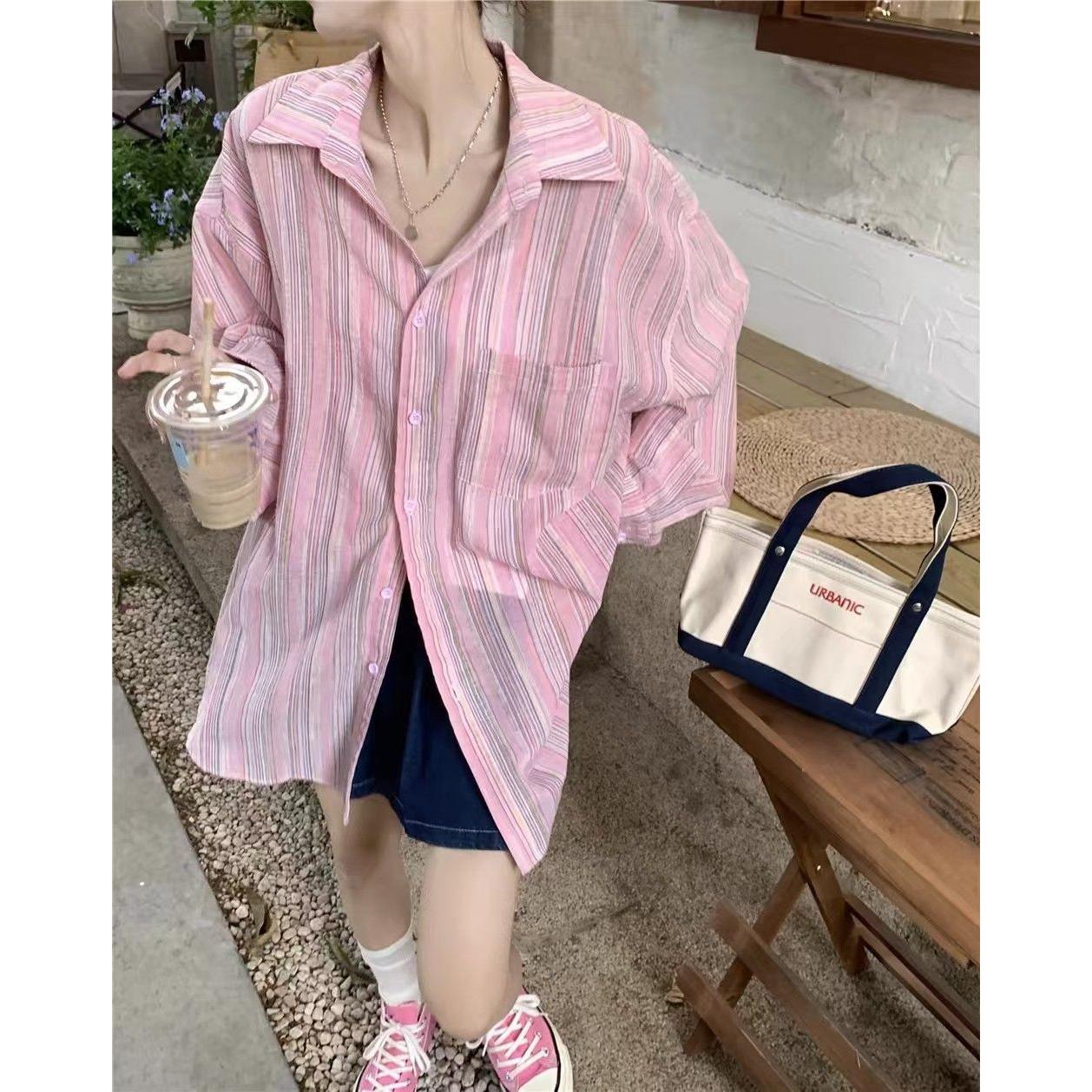 Hong Kong style chic sweet niche design striped shirt for women spring and summer pure cotton loose versatile polo collar jacket for women
