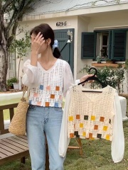 Korean version of retro plaid spliced ​​long-sleeved cardigan cutout air quality sweet age-reducing loose shirt sunscreen for women