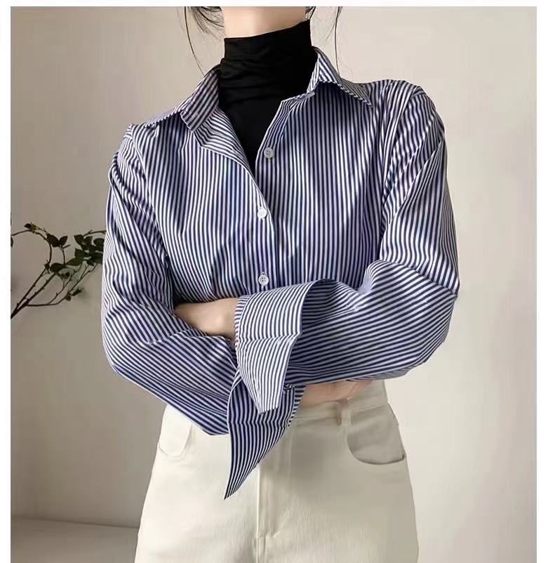 2025 autumn new blue professional striped shirt for women long-sleeved slim commuting top fashionable shirt