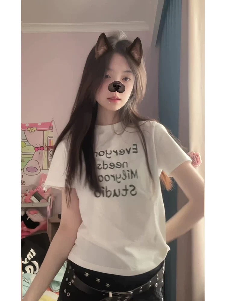 2025 printed front shoulder short-sleeved T-shirt for women in summer new niche American pure cotton slim T-shirt top