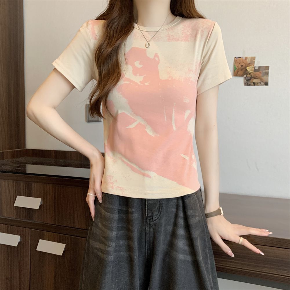 實拍 40支純棉210克92棉/8氨綸夏裝短袖T恤女修身印花