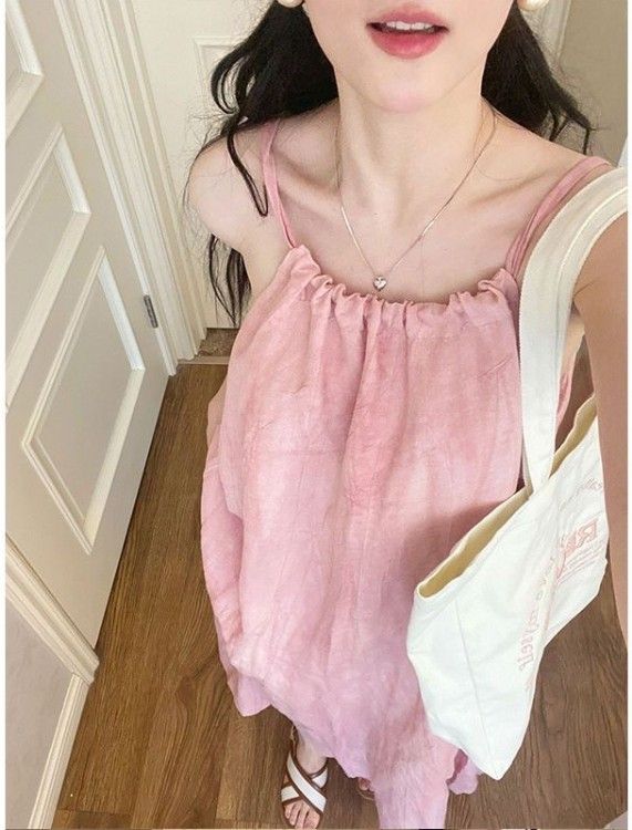 Pink suspender long skirt women's summer new style beach dress halter neck design niche skirt