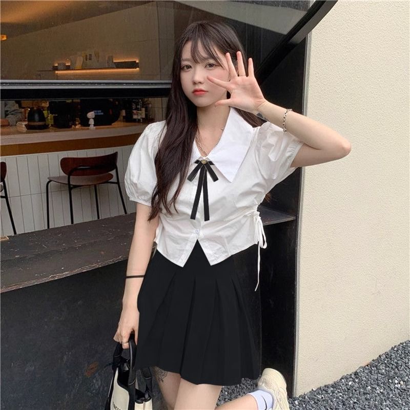 學院風綁帶收腰白襯衫女夏季泡泡袖上衣小個子短款襯衣jk制服套裝