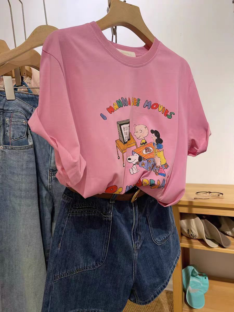 200g combed and tight spun in 2025, pure cotton back bag strip, spring and summer loose shoulder printed short-sleeved T-shirt