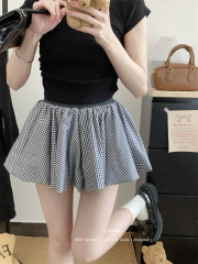 實拍 ~撞色格子韓系減齡蓬蓬裙防走光百搭顯瘦花苞半身裙短裙