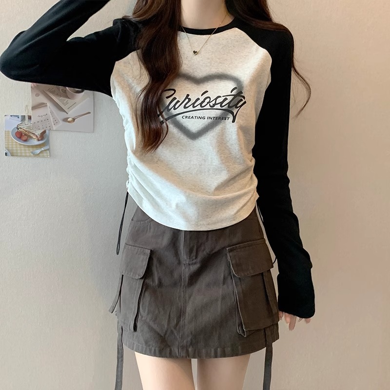 Pure cotton 2025 spring new contrasting color round neck printed long-sleeved T-shirt for women drawstring waist short top