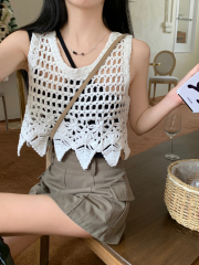 Hong Kong style retro hollow blouse summer new knitted small suspender vest women's short sleeveless top versatile