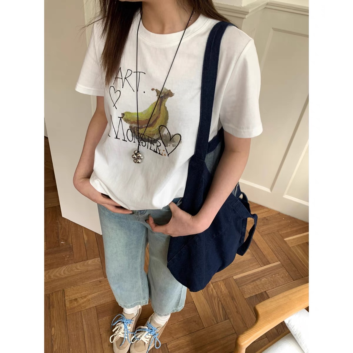 200g combed and tight spun in 2025, pure cotton back bag strip, spring and summer loose shoulder printed short-sleeved T-shirt