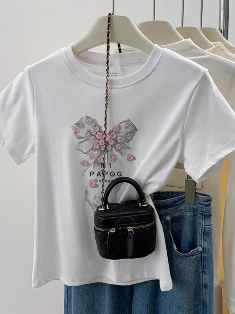 Printed front shoulder short-sleeved T-shirt for women in summer new niche American pure cotton slim T-shirt top