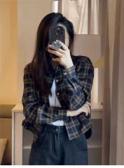 Early autumn retro plaid shirt for women in summer thin design top loose lazy style sunscreen jacket
