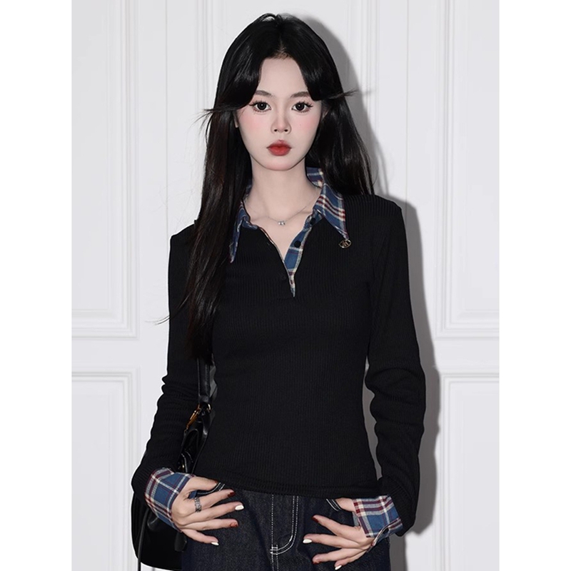 Original fake two-piece plaid contrasting color base slim polo collar sweater long-sleeved top Autumn