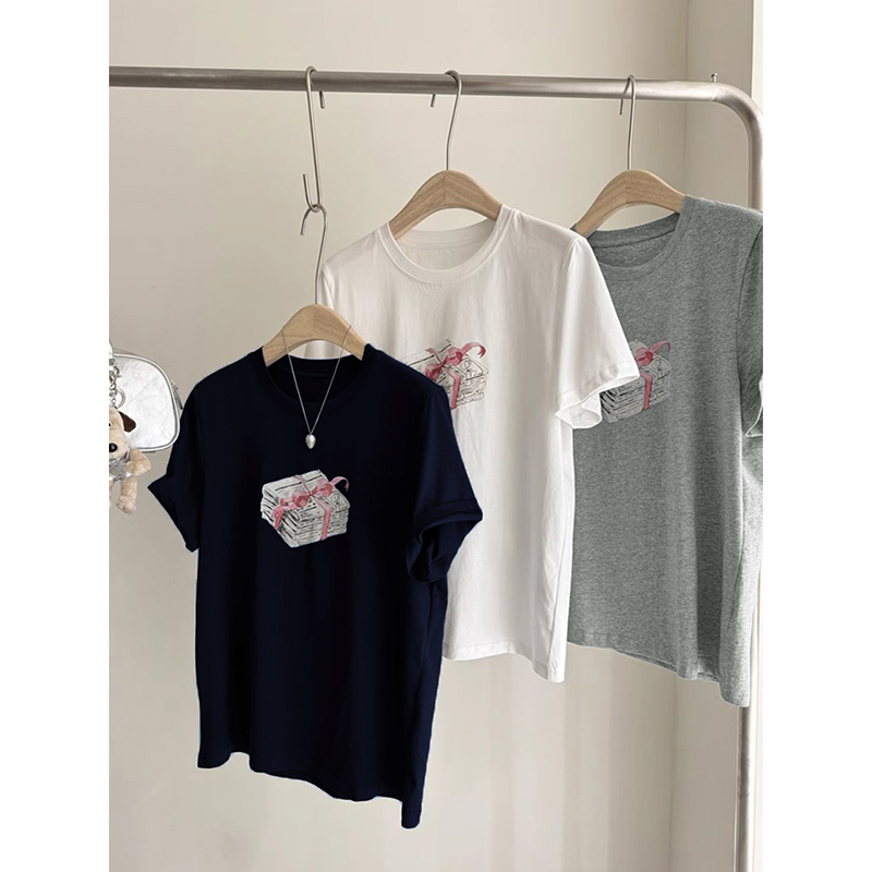 200g combed and tight spun in 2025, pure cotton back bag strip, spring and summer loose shoulder printed short-sleeved T-shirt