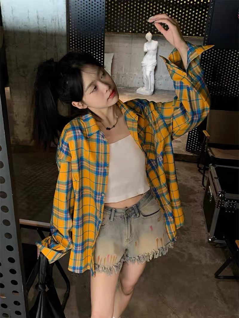 Yellow plaid long-sleeved shirt for women with thin loose ins trendy brand commuting retro niche sun protection jacket