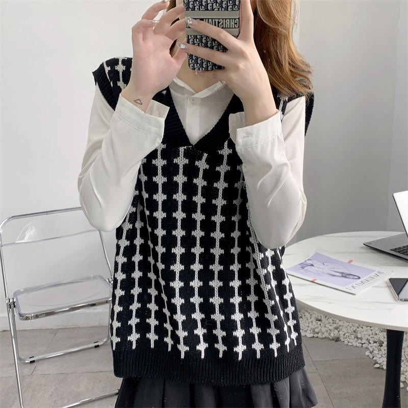 Korean style chic spring new lazy style V-neck vest houndstooth loose versatile sweater waistcoat
