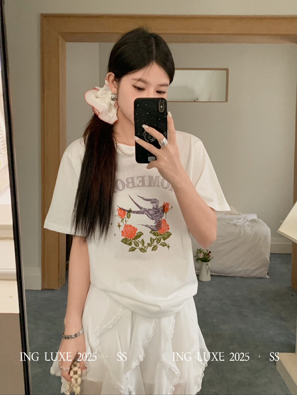 200g combed and tight spun in 2025, pure cotton back bag strip, spring and summer loose shoulder printed short-sleeved T-shirt