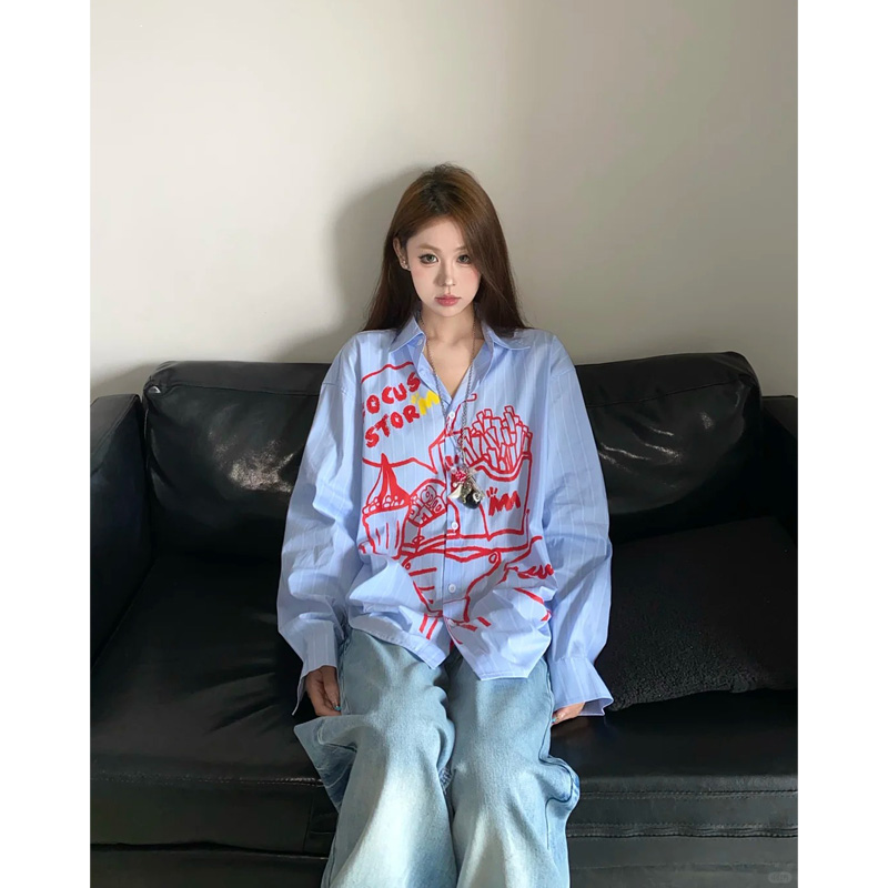 American high street style chic long-sleeved shirt for women in spring and autumn thin loose design cartoon printed casual shirt