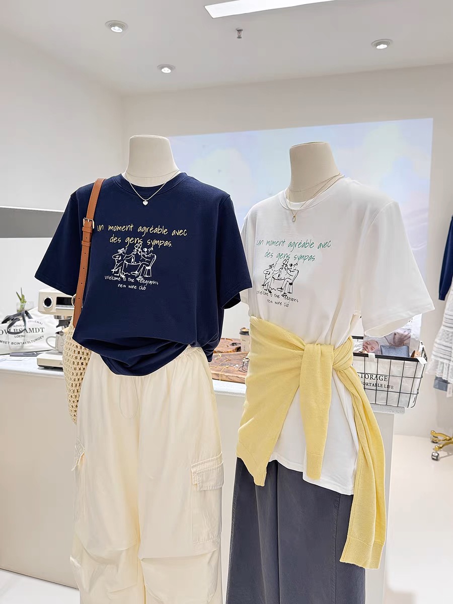 200g combed and tight spun in 2025, pure cotton back bag strip, spring and summer loose shoulder printed short-sleeved T-shirt