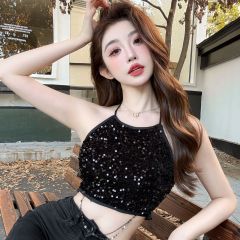 辣妹修身短款美背上衣亮片閃閃鏈條鏤空露背褶皺吊帶背心