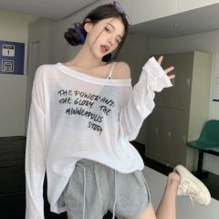 2025 spring and summer new letter printing Tennis sunscreen T-shirt for women loose lazy style versatile long-sleeved top