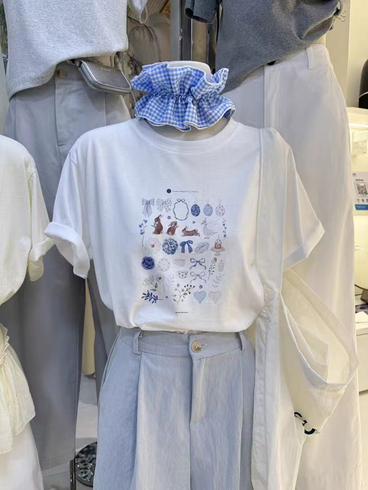 200g combed and tight-fitting sprinkler, pure cotton backpack, spring and summer loose shoulder printed short-sleeved T-shirt