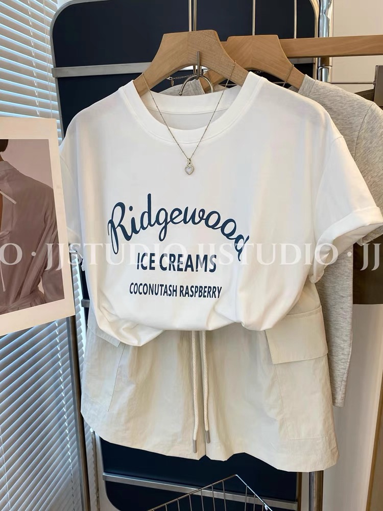 200g combed and tight-fitting sprinkler, pure cotton backpack, spring and summer loose shoulder printed short-sleeved T-shirt