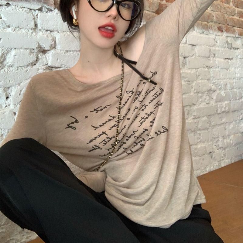 Bamboo thread, off-shoulder suspender long-sleeved T-shirt for women's summer thin letters loose sunscreen blouse bottoming top