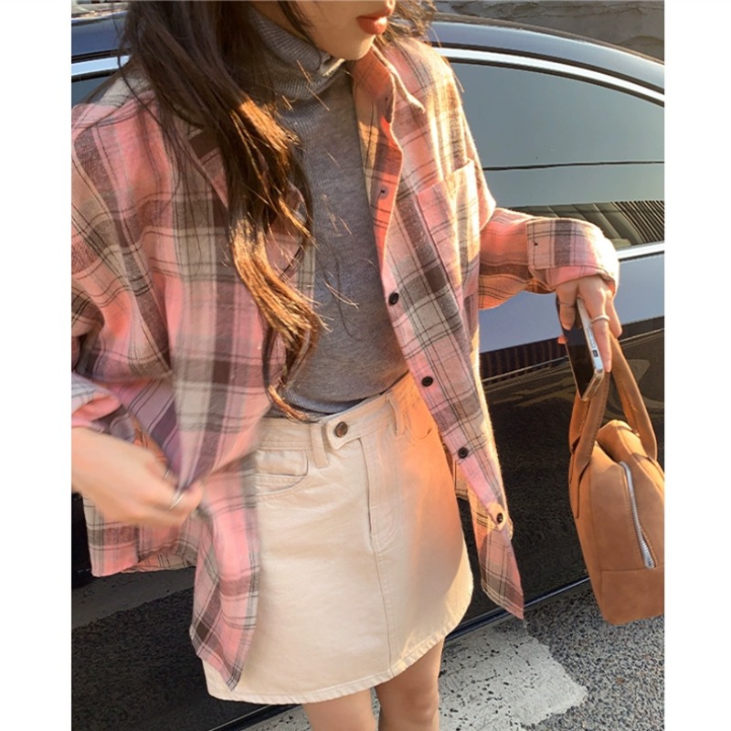 2025 Spring and Autumn New Korean Lazy Style Polo Collar American Retro Long Sleeve Plaid Shirt Women's Jacket