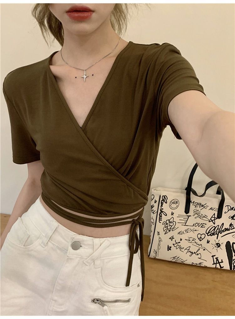 韓國外貿韓版夏季新款修身v領T恤女修身辣妹綁帶短袖百搭上衣