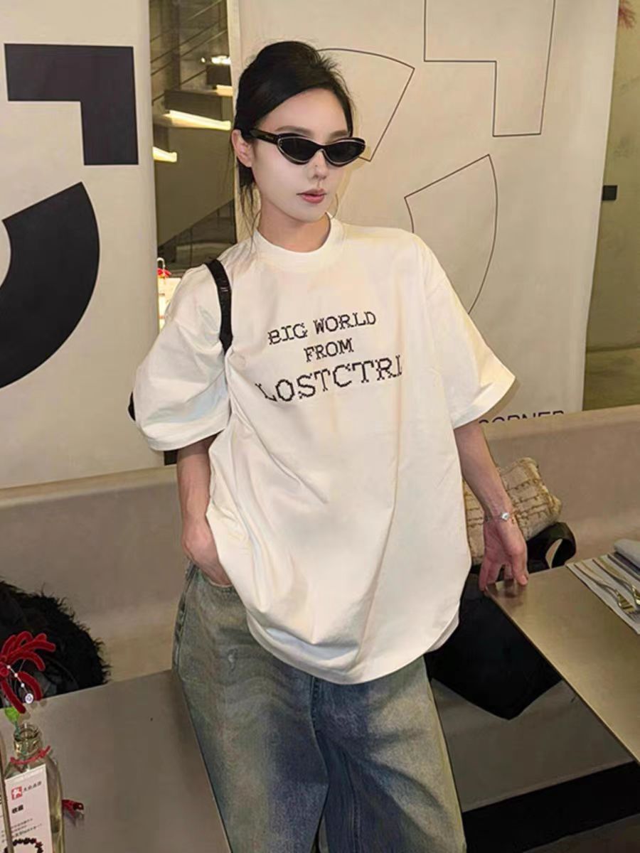 200g combed and tight-fitting sprinkler, pure cotton backpack, spring and summer loose shoulder printed short-sleeved T-shirt