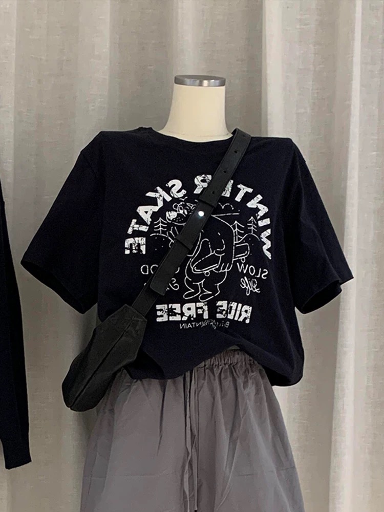 200g combed and tight-fitting sprinkler, pure cotton backpack, spring and summer loose shoulder printed short-sleeved T-shirt