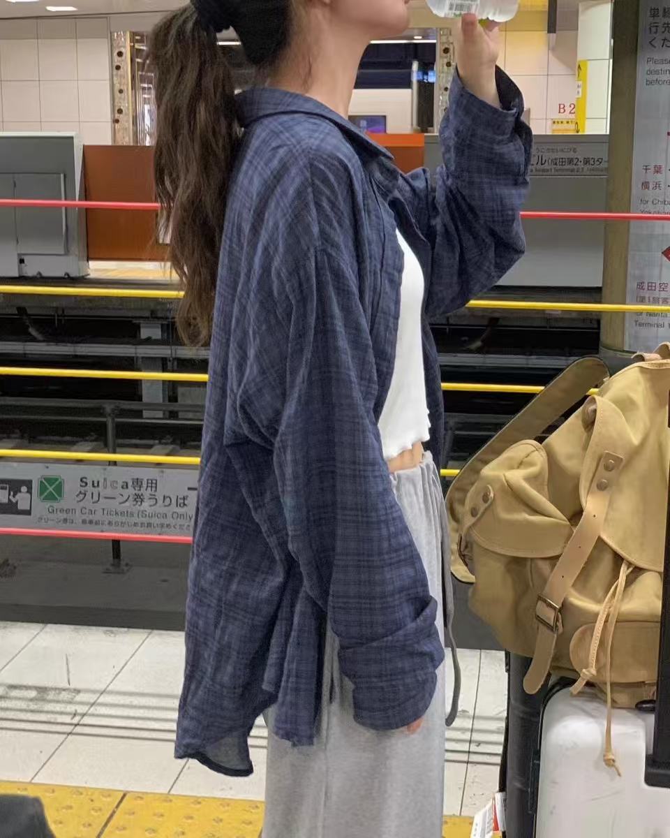 Early autumn retro plaid shirt for women in summer thin design top loose lazy style sunscreen jacket