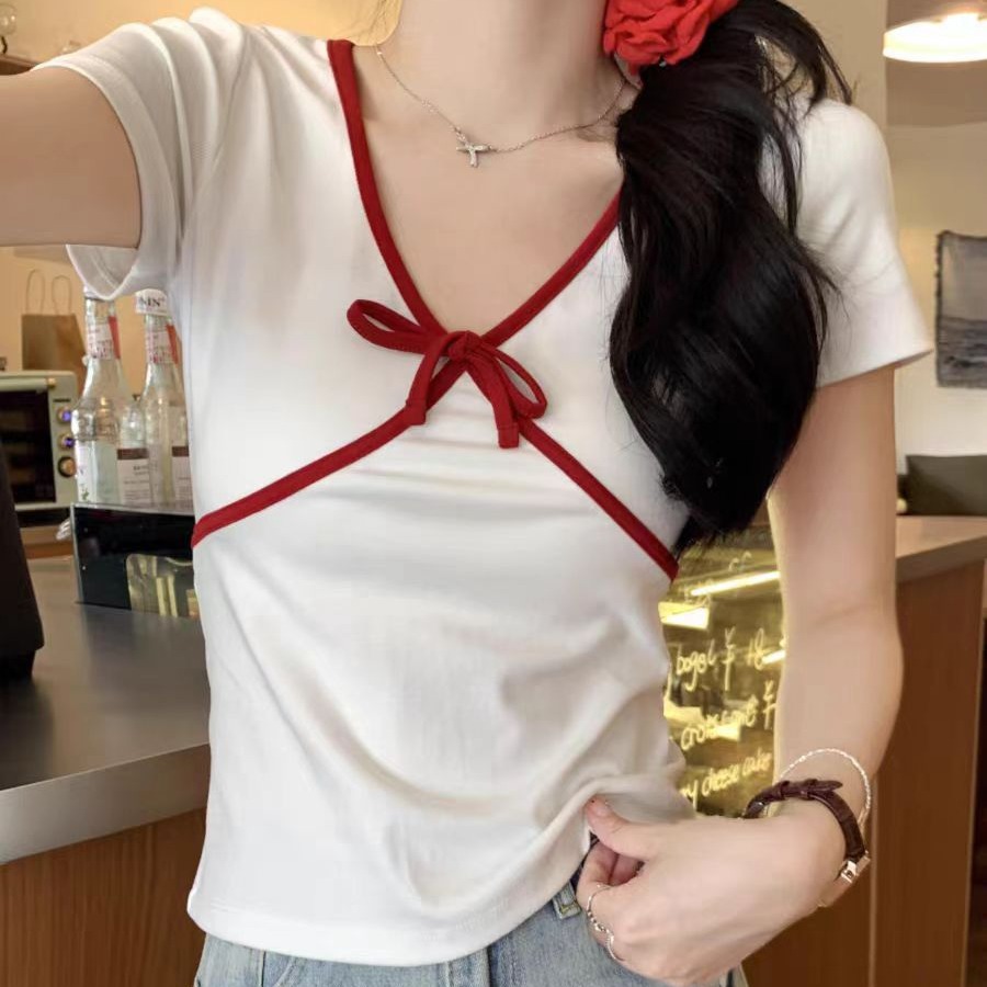 40 pure cotton pure color contrast bow V-neck pure cotton T-shirt for women in summer sweet and spicy slim short top