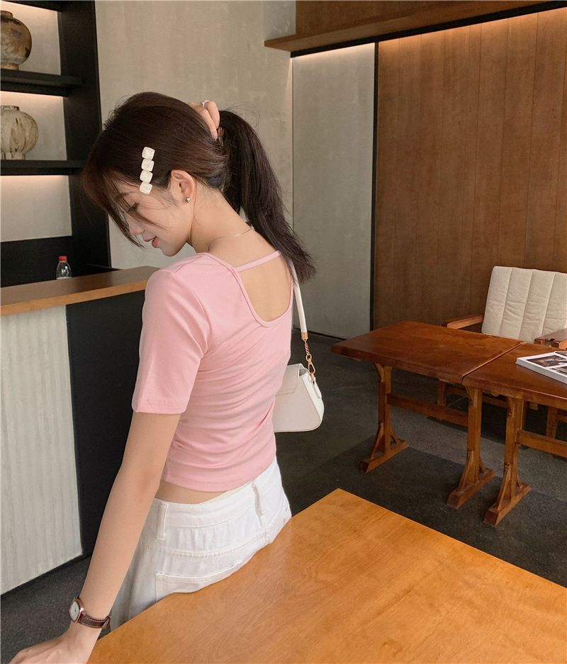 韓國外貿新款短袖T恤女夏季韓版修身露背短款上衣百搭款