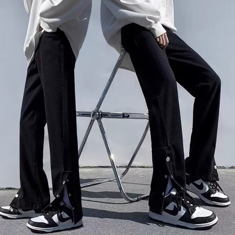Korean version of ins high street spring and autumn large size jeans for women new black trendy brand slit-fitting breasted straight trousers
