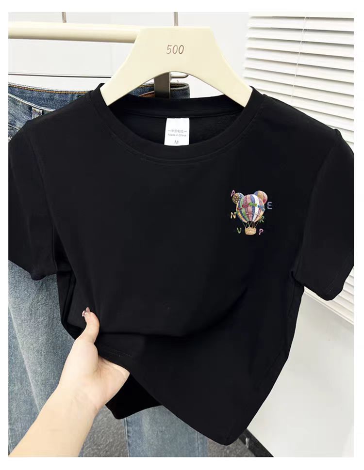 2025 printed front shoulder short-sleeved T-shirt for women in summer new niche American pure cotton slim T-shirt top
