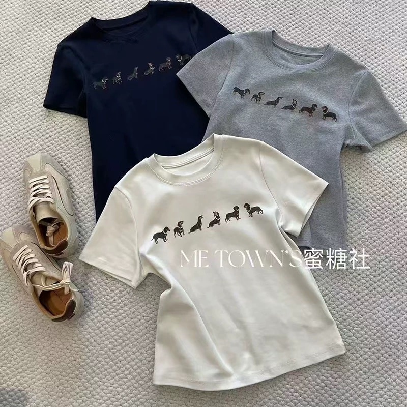 2025 printed front shoulder short-sleeved T-shirt for women in summer new niche American pure cotton slim T-shirt top