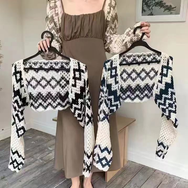 Short long-sleeved diamond-shaped jacket with short jacket, fashionable and versatile trendy and personalized outfit for women's retro sunscreen cardigan