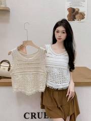 Chic sleeveless design sense hollow tassel hook flower sweet spicy suspender vest with short top inside and outside for women summer