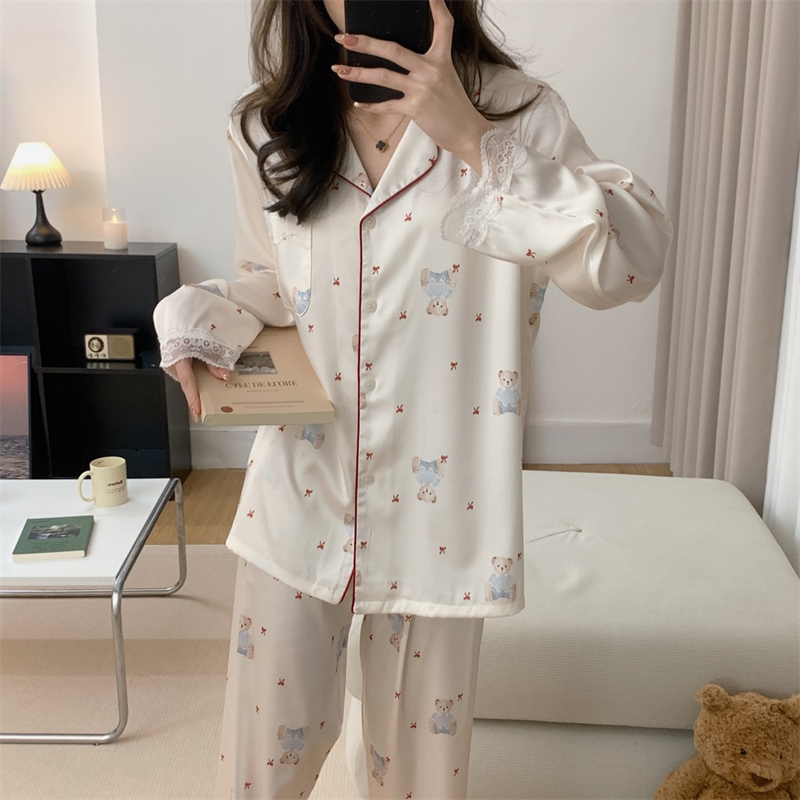 Real shot of 2025 ice silk pajamas spring and autumn long-sleeved pajamas thin casual silk home clothing set