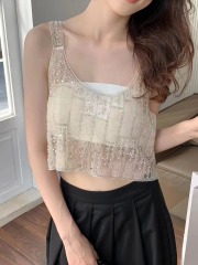 Unique exquisite micro-transparent lace suspender vest wears women's summer sleeveless base vest pure desire mesh top