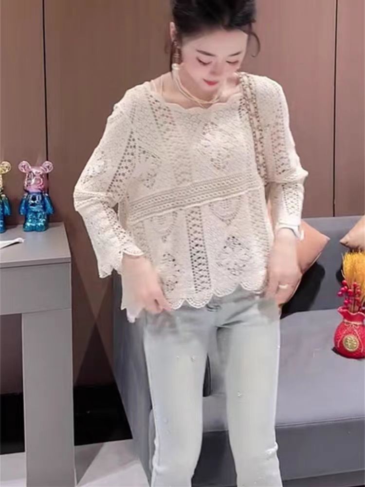 Pure cotton sweater for women in summer flared sleeves off-shoulder hollow loose long-sleeved top lazy style thin sunscreen blouse