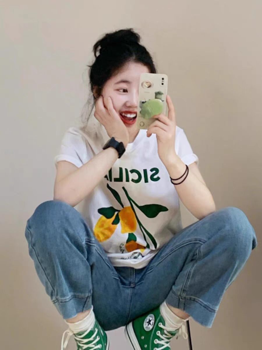 200g combed and tight-fitting sprinkler, pure cotton backpack, spring and summer loose shoulder printed short-sleeved T-shirt