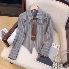 Early spring striped shirt women's waist-hugging comic waist shirt tie long sleeve college style short top