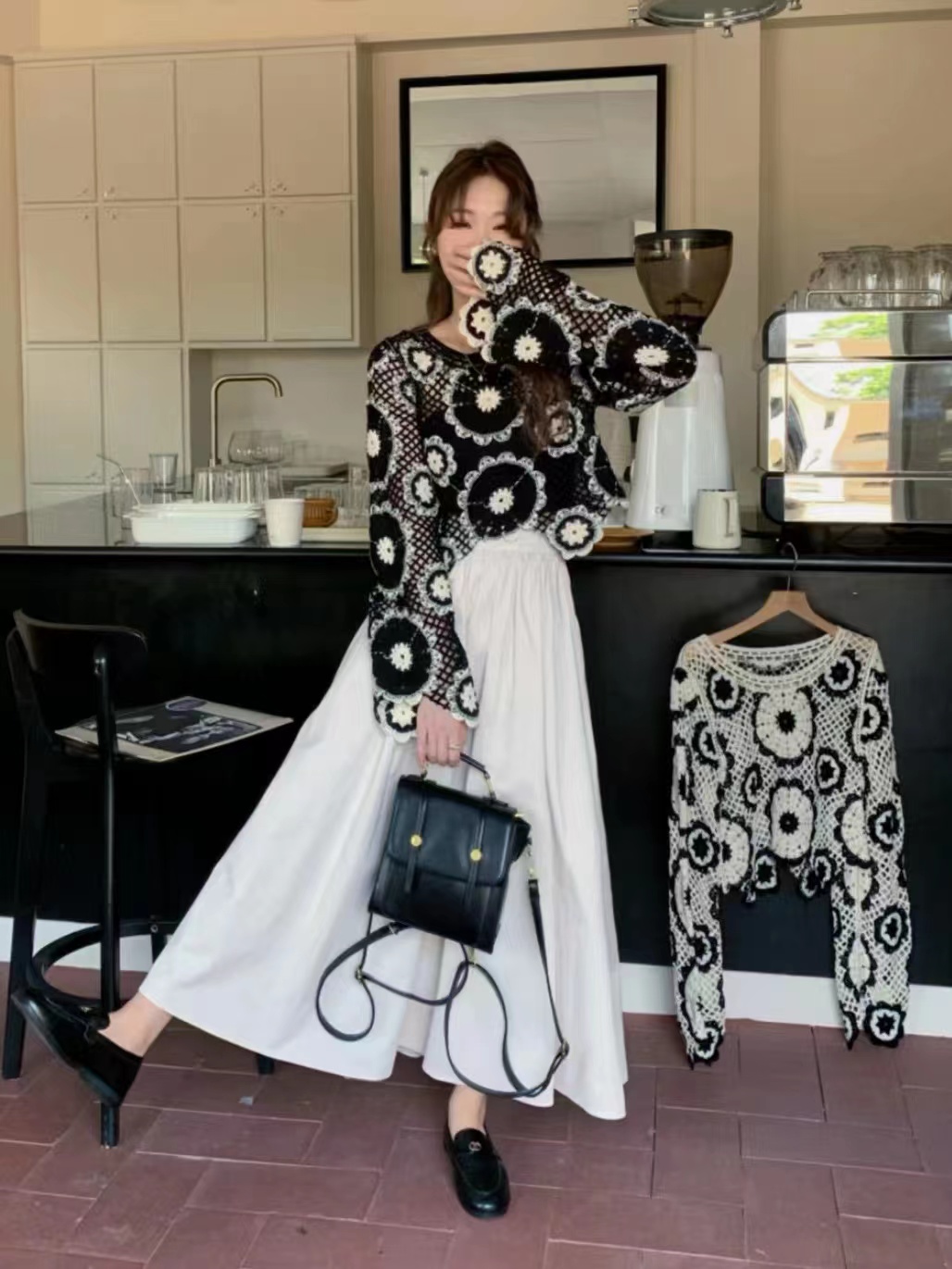 Heavy Industry Technology Hollow Hook-Flower Wool Sweater Women's Loose Sweater Top Trend
