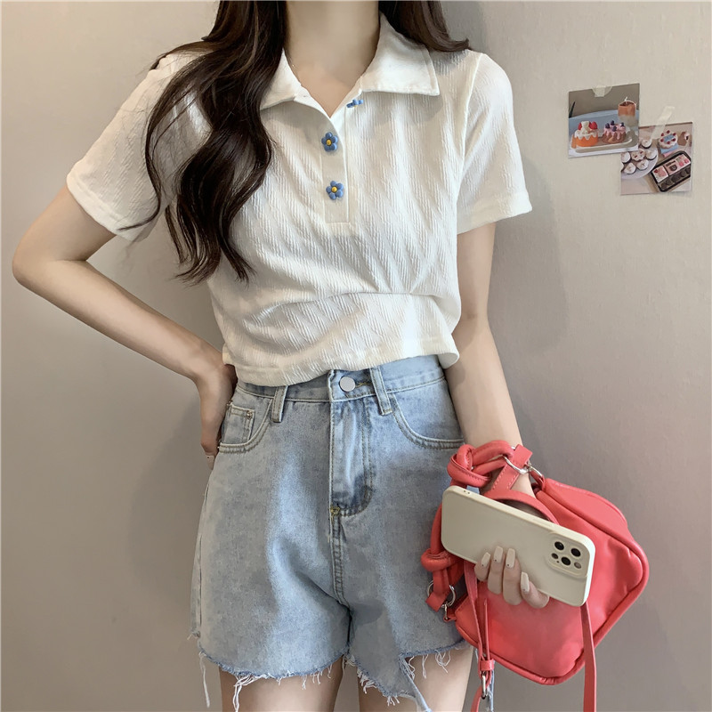 Real photo of POLO neck short-sleeved T-shirt for women in summer 2025 new design niche loose short tops ins trendy