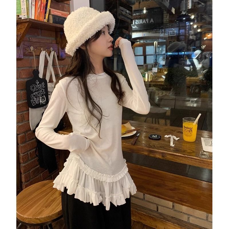 Modal cotton ballet style lace long-sleeved T-shirt large size women's decorative base shirt top