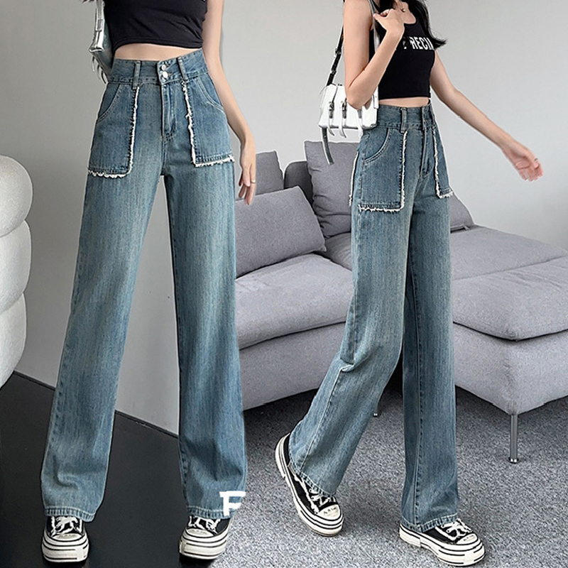 Wide-legged retro jeans for women in spring and summer 2025 new breasted slim slim personality Korean style straight trousers