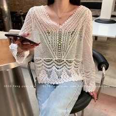 Spring and Autumn White Moonlight Sweater Beautiful Japanese lazy hollow loose long-sleeved pullover sun protection top