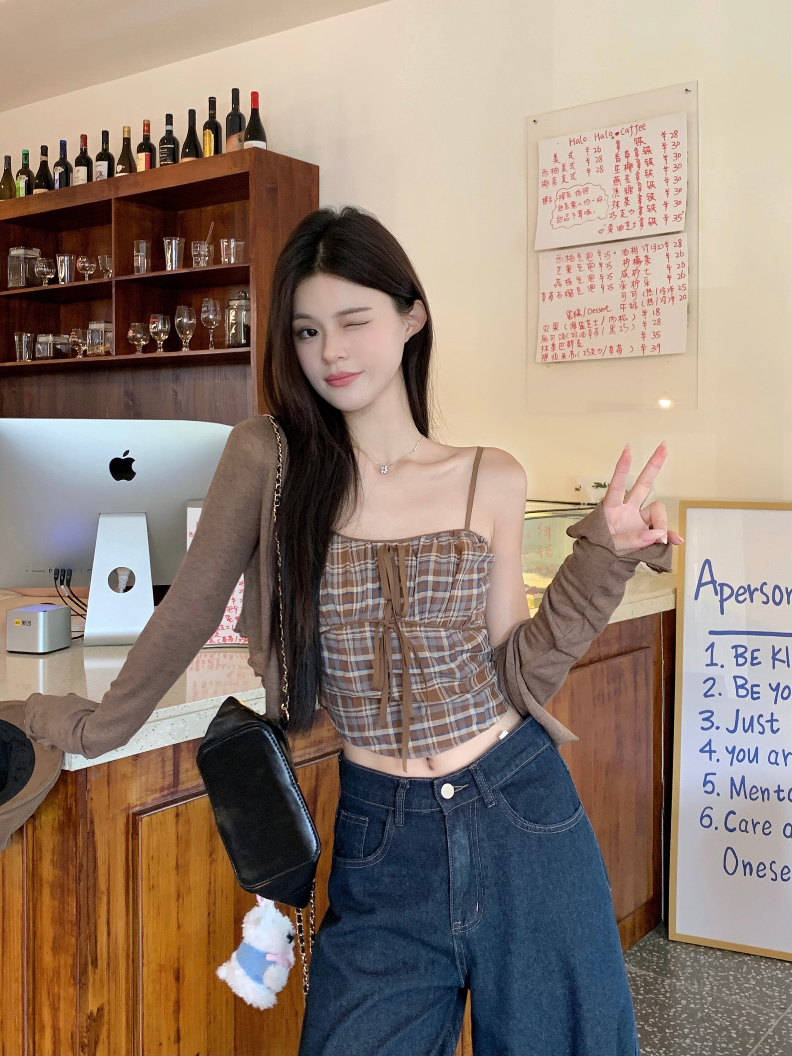 Real shot ~ Autumn suspender knitted cardigan two-piece short jacket pure hot girl suit top for women