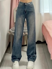 小個子設計感闊腿牛仔褲女春夏新款高腰寬鬆顯瘦垂感拖地直筒長褲